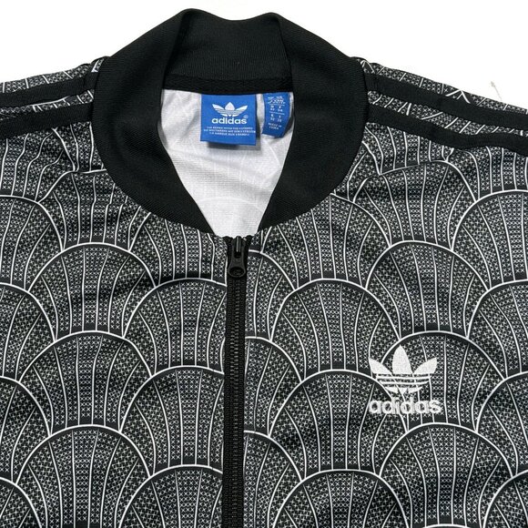 Adidas Track Jacket Womens XS Big Firebird Logo Black Shell Pattern Bomber Zip - Picture 4 of 9